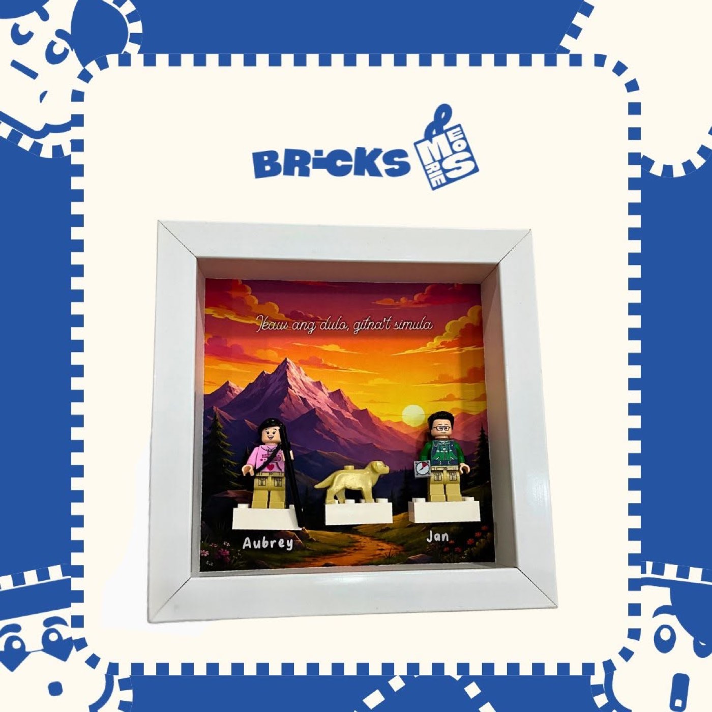 Custom diorama scene with minifigures and a sunset backdrop