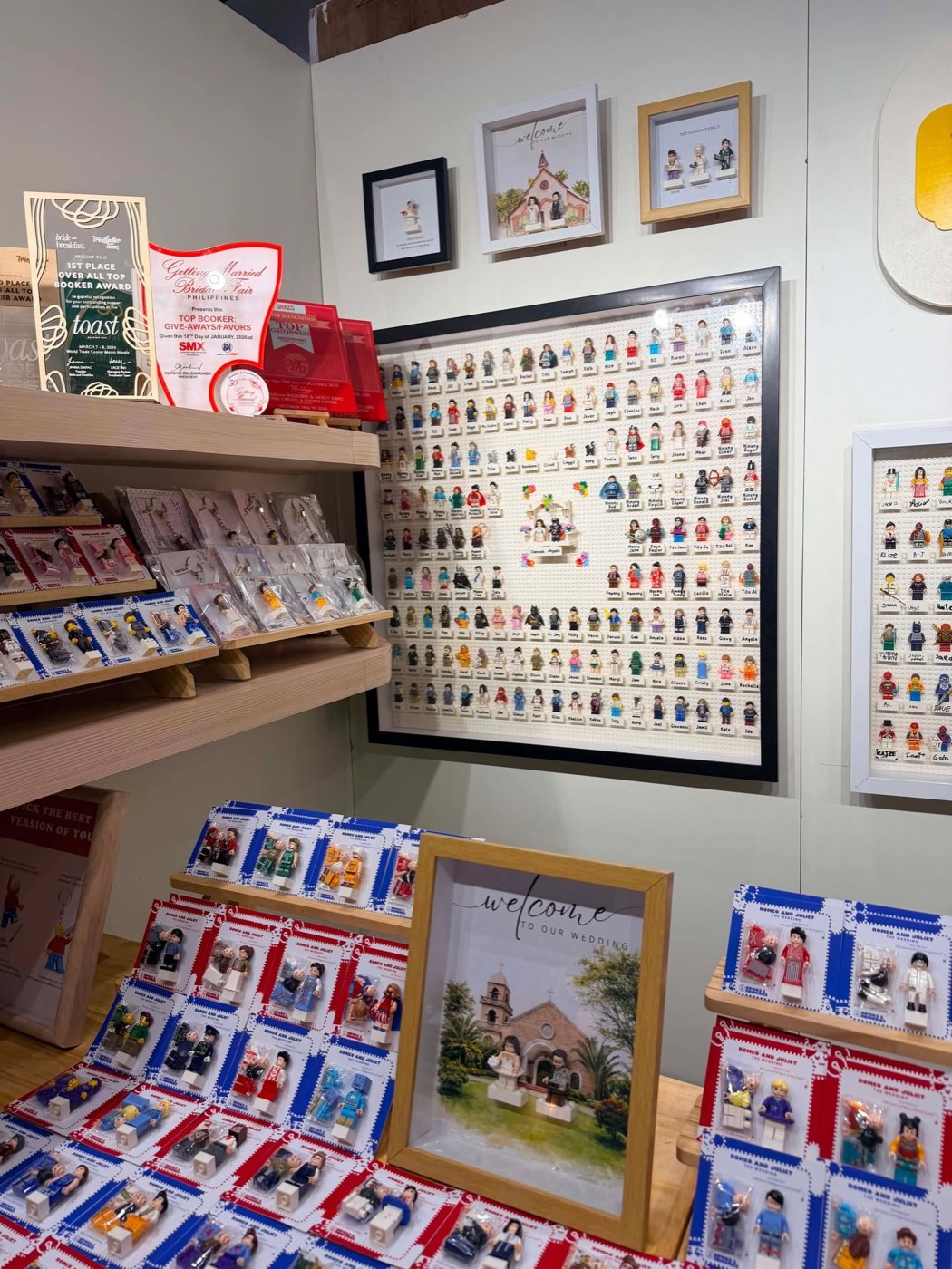 Framed minifigure portraits on display
